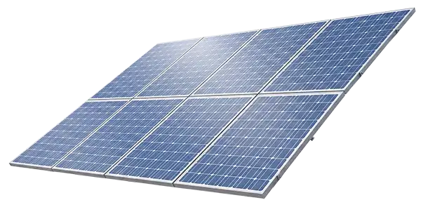 Array of blue solar panels arranged in two rows of four tilted slightly upward.