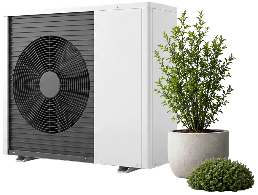 White heat pump unit with large black fan beside potted green plants on white background.
