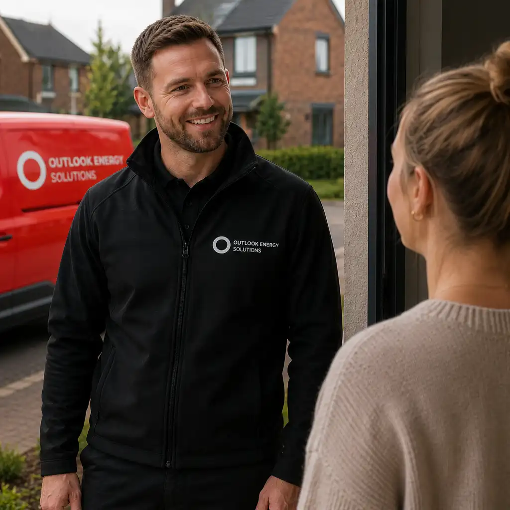 Smiling man in Outlook Energy Solutions jacket talking with woman at a house doorway.