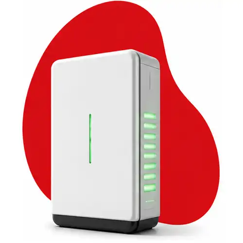 White rectangular battery storage device with green LED lights on a red abstract background.