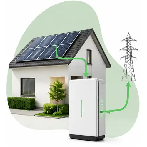 House with solar panels connected to a battery storage unit powering an electric grid tower.