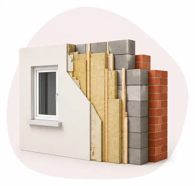 Cross-section showing house wall layers: plaster, insulation, wood framing, concrete blocks, and exterior brick.
