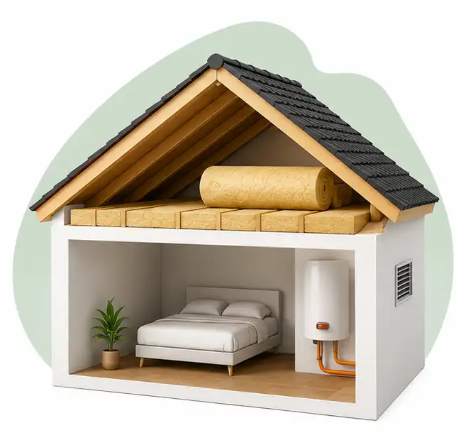 Cutaway of a house attic with rolled insulation on rafters and a bedroom below with water heater and plant.
