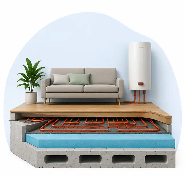 Cross-section of floor showing underfloor heating system with pipes beneath wood floor and a couch above.