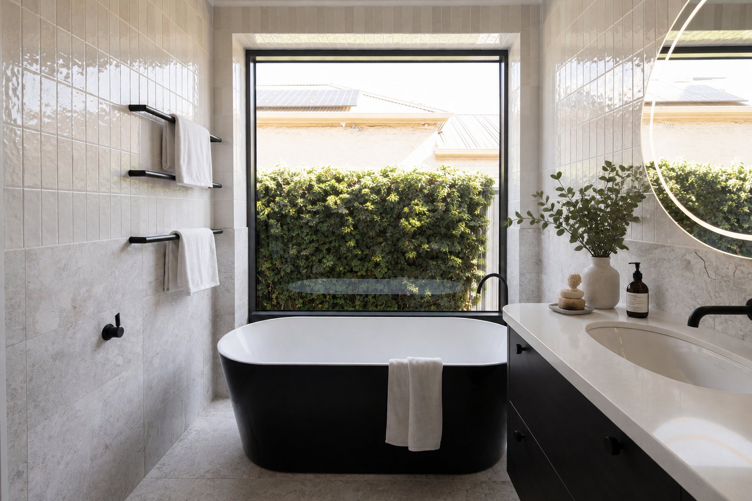 Ensuite with freestanding bath and round mirror at 54 North Adelaide.