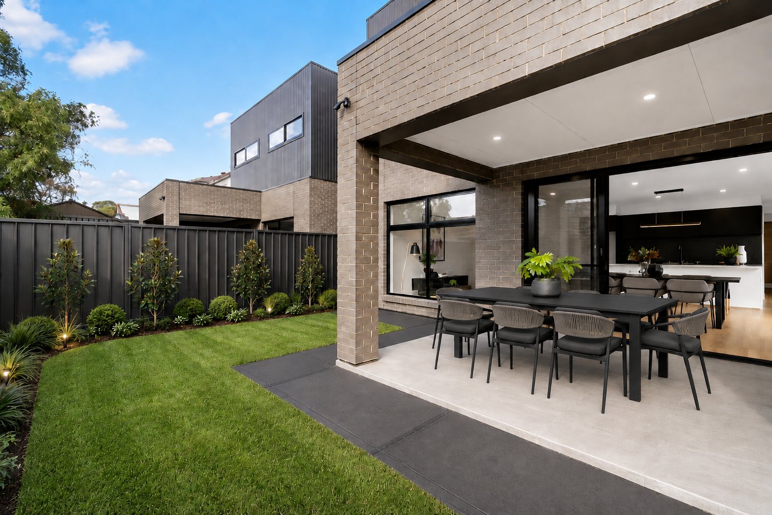 Rear dwelling with covered alfresco and lawn showing the depth of the site at 1 Magill