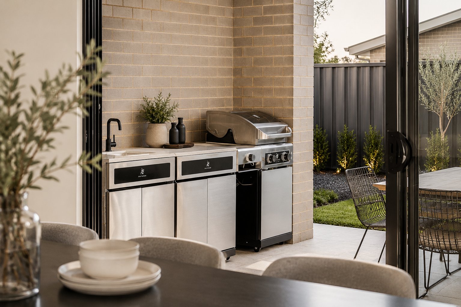 Outdoor kitchen with a built-in barbecue and black cabinetry opening to the rear garden at 1 Magill