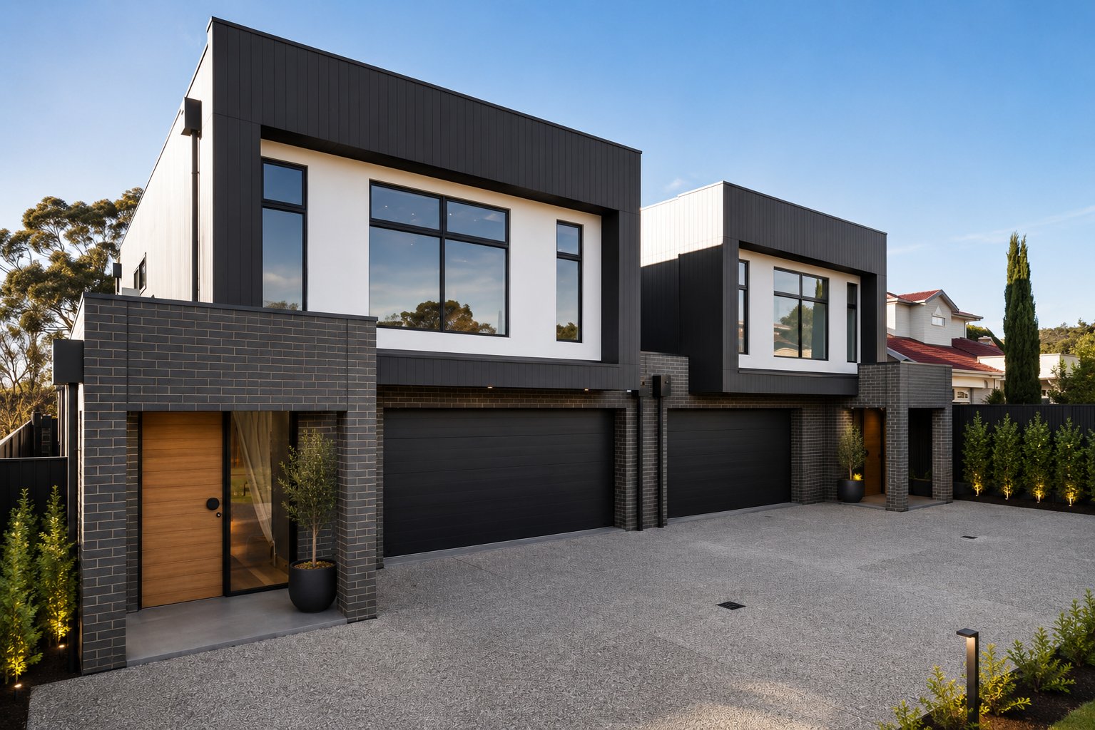 Front elevation of both dwellings with dark cladding and an aggregate driveway at 1 Magill