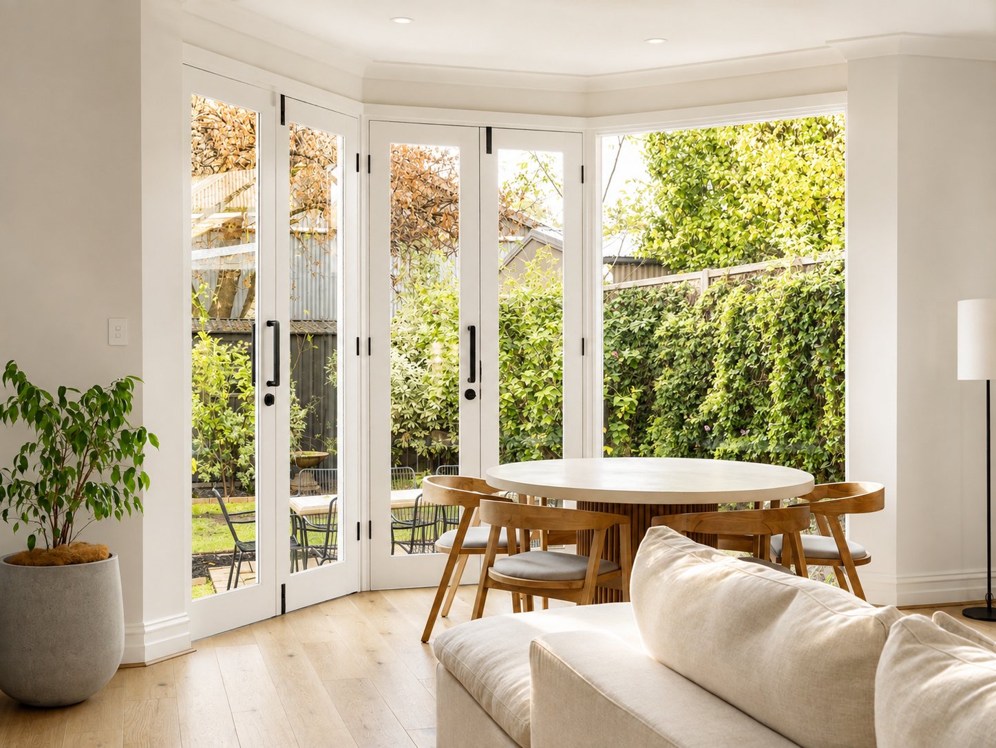 Living and dining opening to the rear garden through white French doors at 21 Norwood