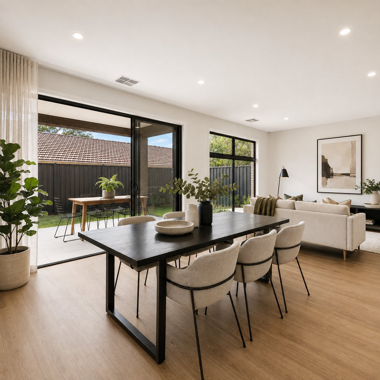 Open-plan dining and living with a black timber table opening to the rear yard through full-height glazing at 1 Magill