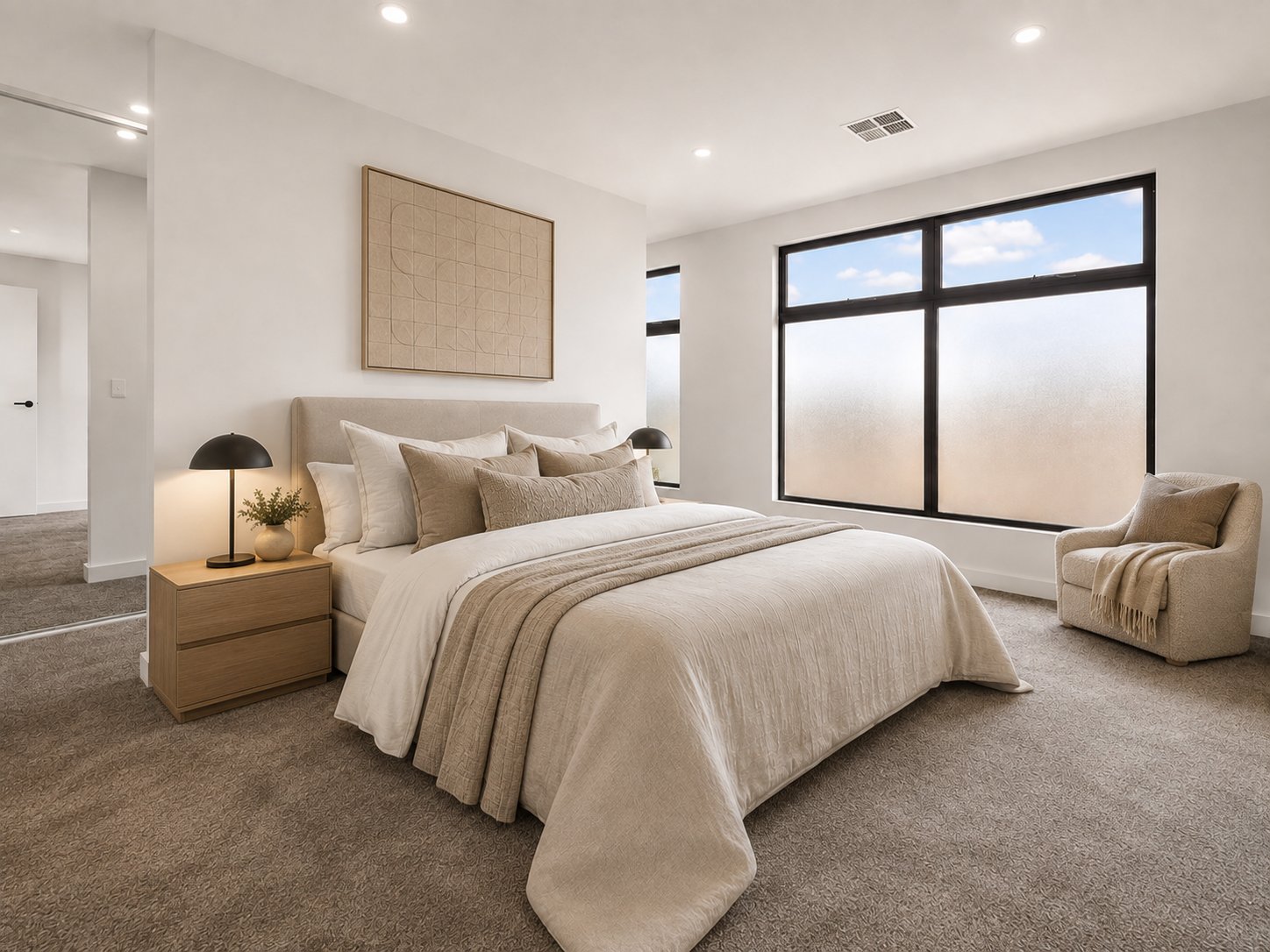 Main bedroom with upholstered bedhead, oak bedside and full-height window at 1 Magill