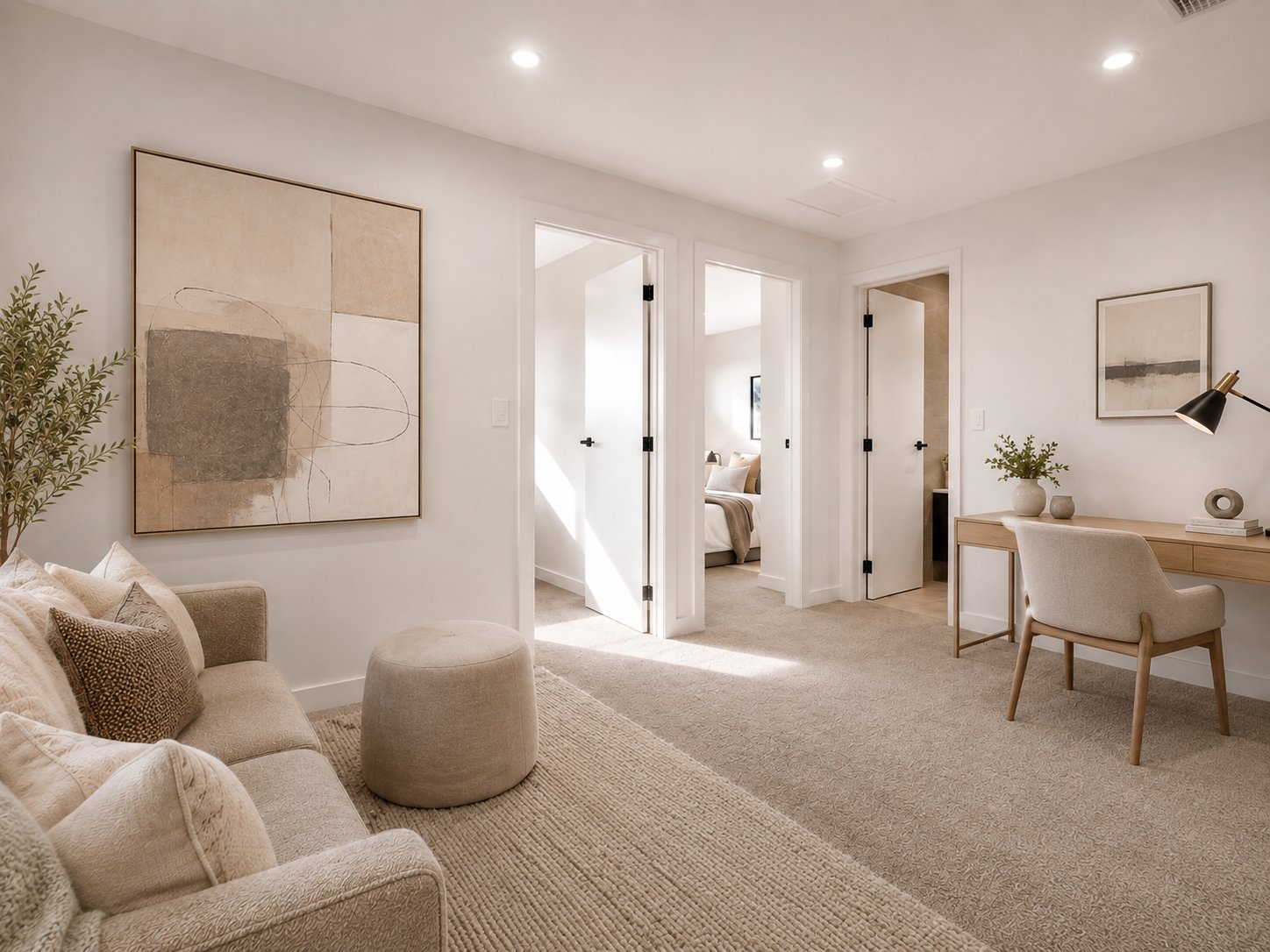 Upstairs living area with lounge seating, study desk and doors to the bedrooms at 1 Magill