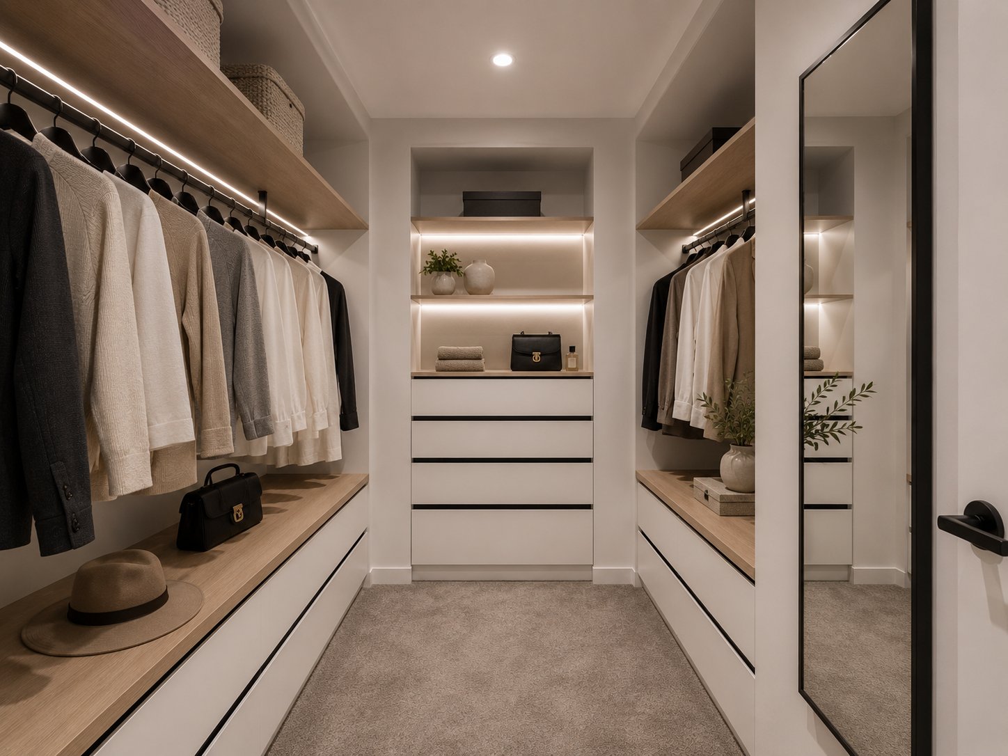 Walk-in robe with oak shelving, white drawer banks and a full-length mirror at 1 Magill