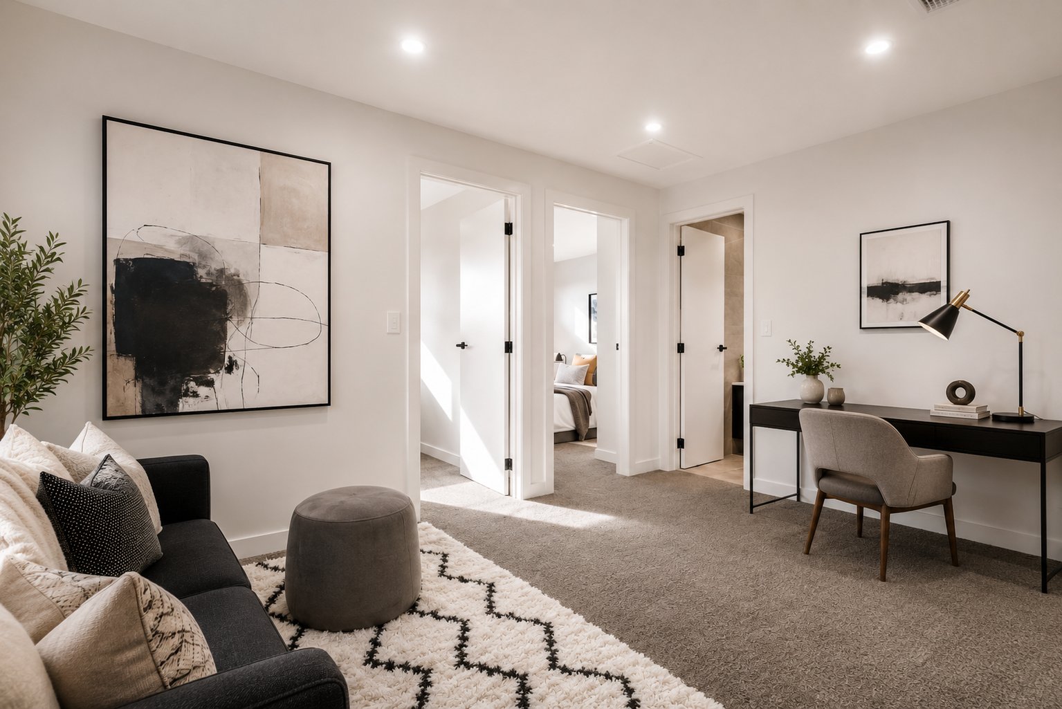 Upstairs retreat with lounge seating, artwork and a built-in study desk at 1 Magill
