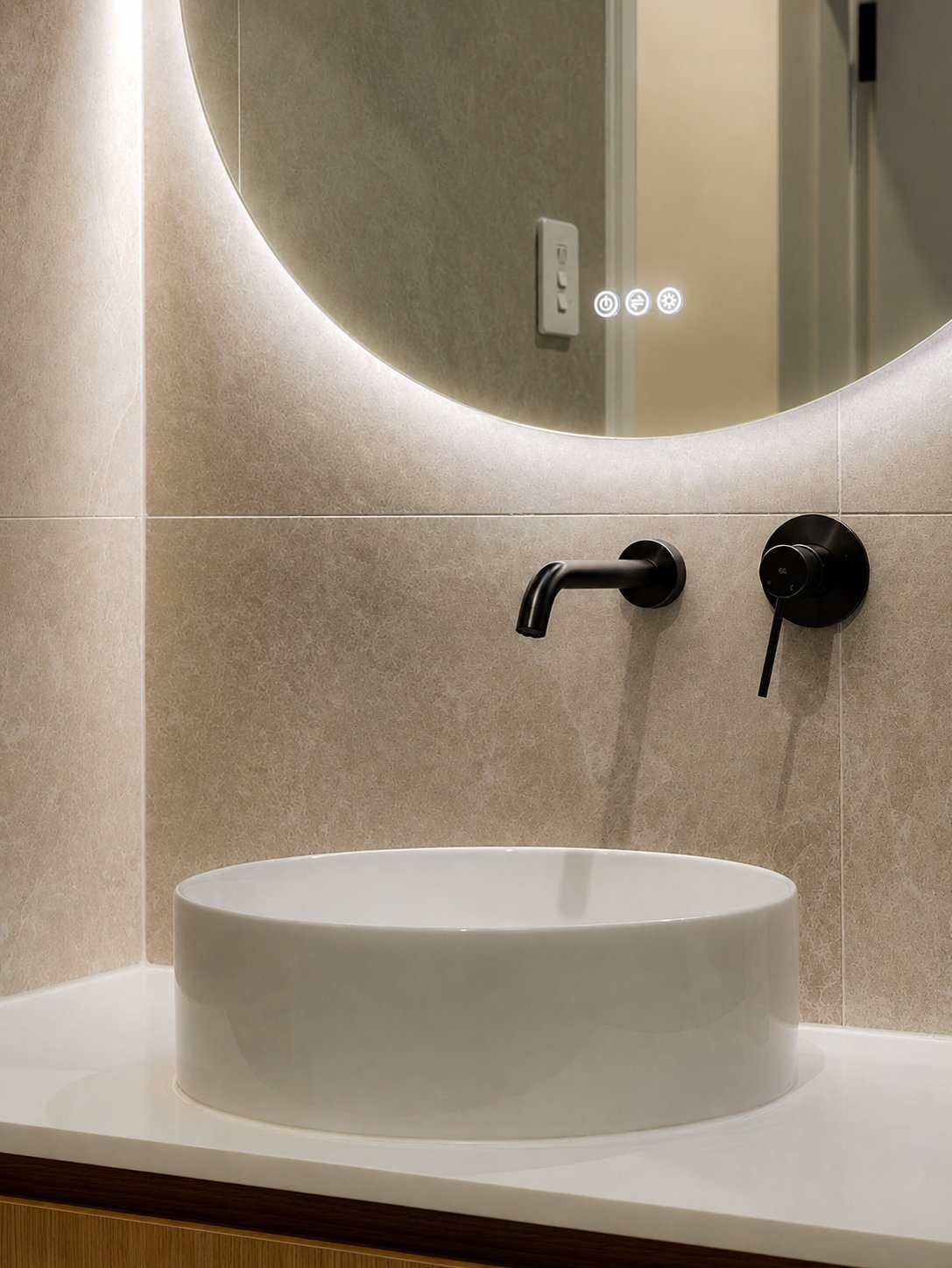 Vessel basin with black wall-mounted tapware beneath a backlit mirror at 21 Norwood