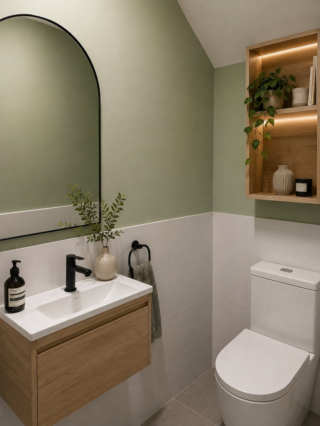 Powder room with sage green walls, arched mirror and an oak wall-hung vanity at 1 Magill