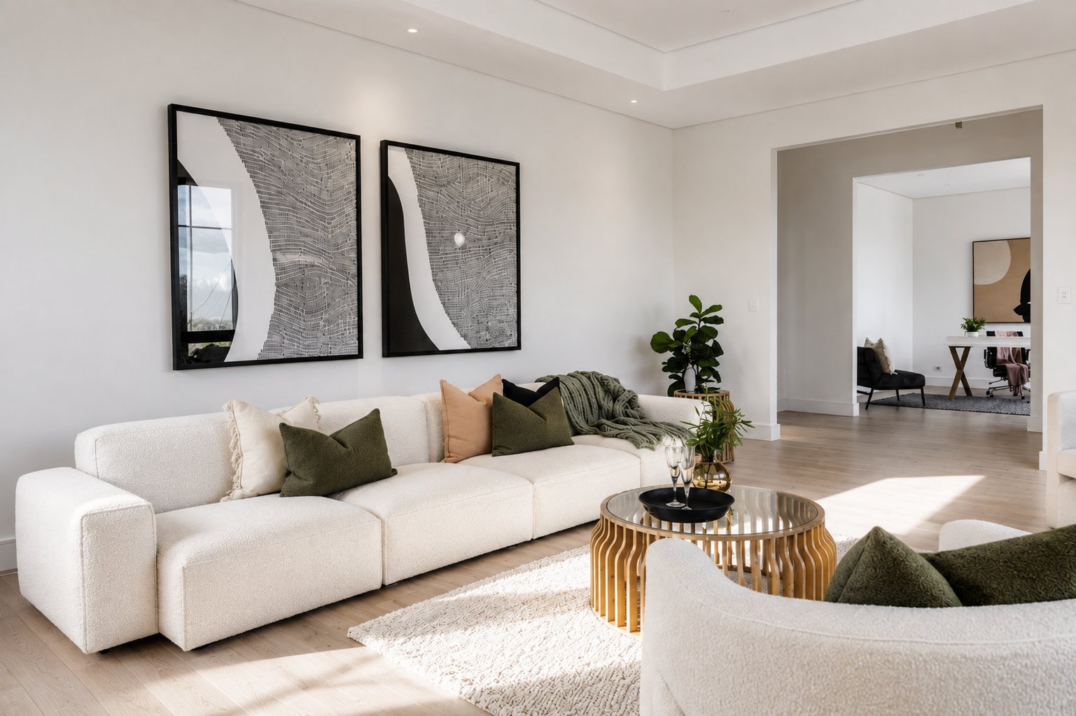 Open-plan living room with a boucle modular sofa, framed artwork and oak flooring opening through to the study at 24 Wattle Park