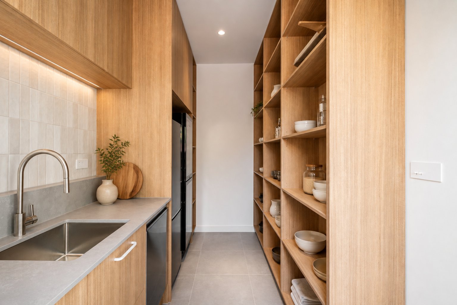 Butler's pantry with timber shelving and a second sink at 54 North Adelaide.