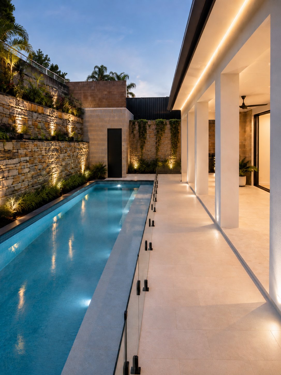 Lap pool and covered alfresco lit at dusk beside a stone retaining wall at 24 Wattle Park