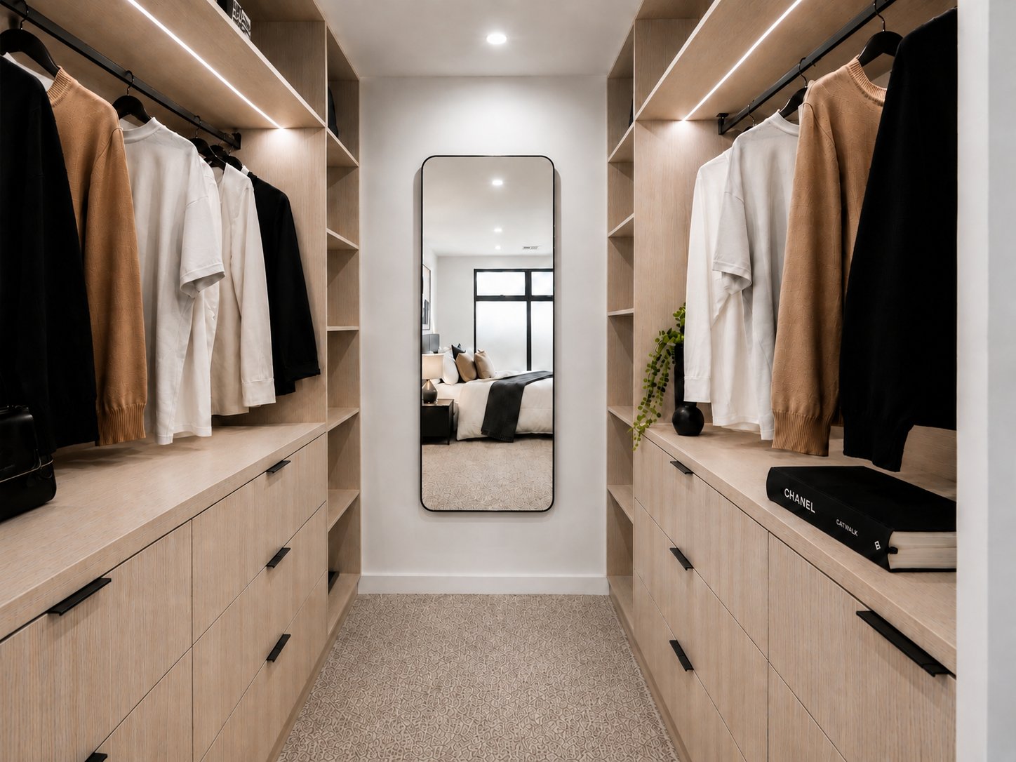 Walk-in robe with oak joinery, hanging rails and a full-length mirror at 1 Magill