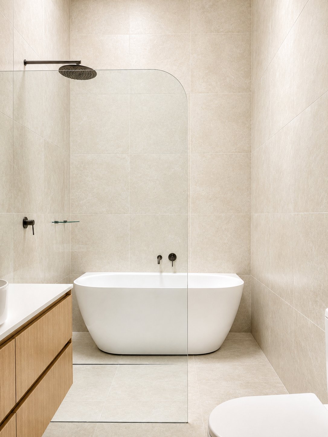Freestanding bath behind a curved frameless glass shower screen with black tapware at 21 Norwood