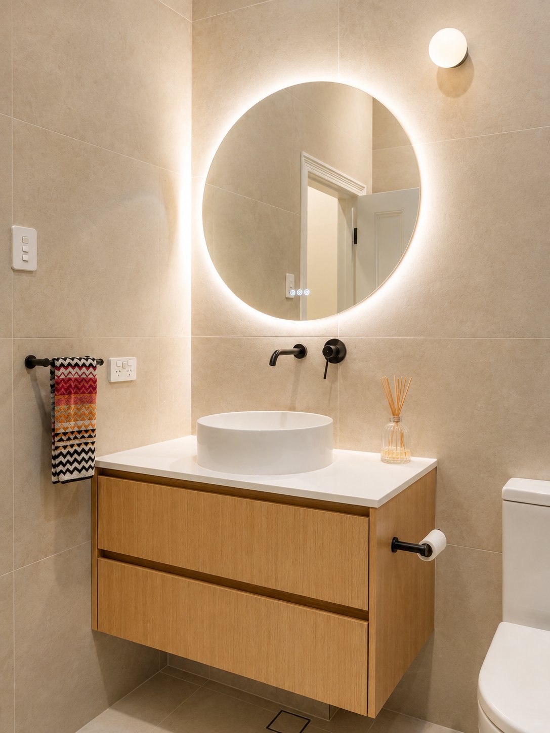 Oak wall-hung vanity with a vessel basin and backlit round mirror at 21 Norwood