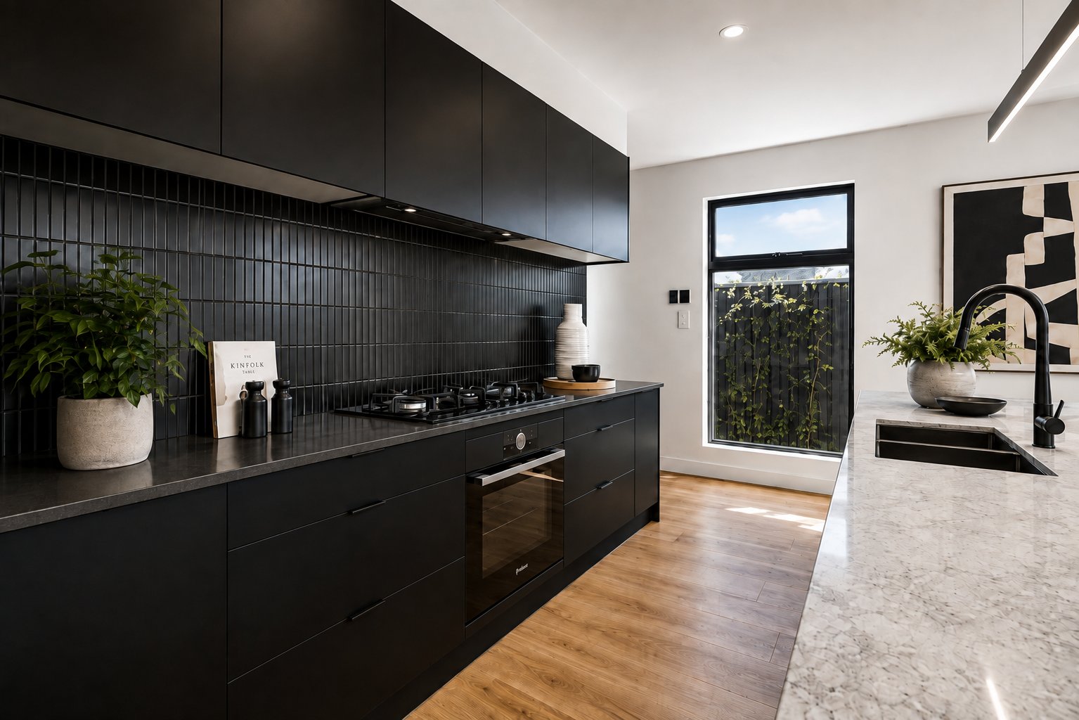 Kitchen with black joinery, vertical tile splashback and stone waterfall island at 1 Magill
