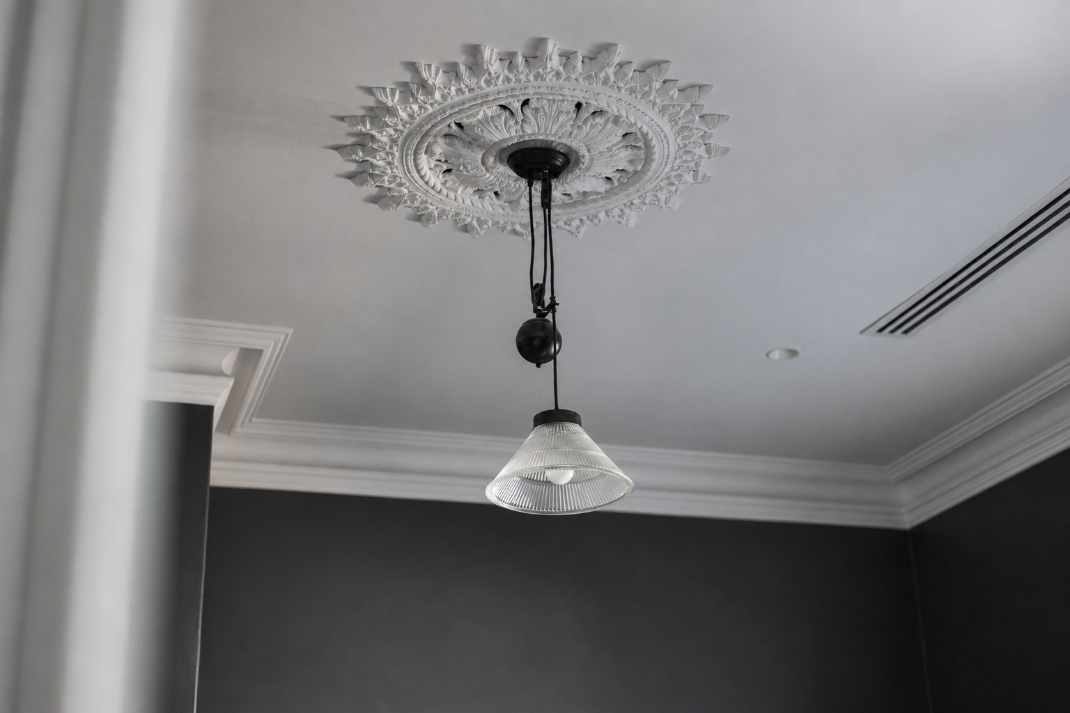 Pendant light and cornice detail in the study at 54 North Adelaide.
