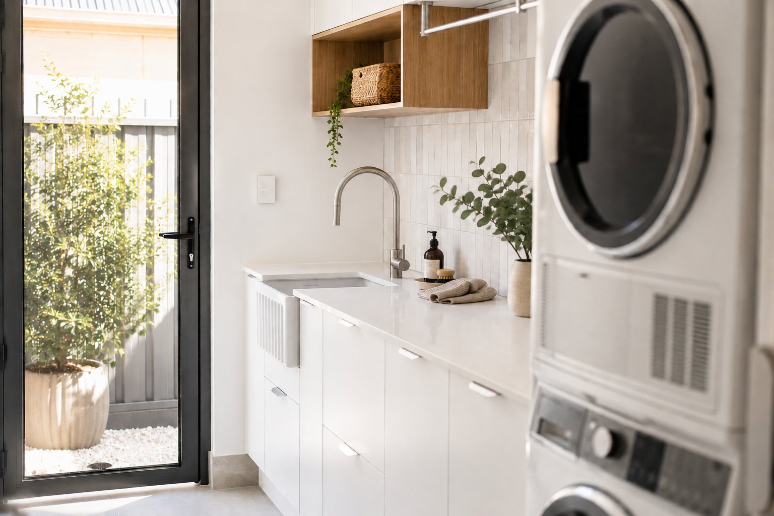 Laundry with timber shelving, stacked appliances and garden access at 54 North Adelaide.