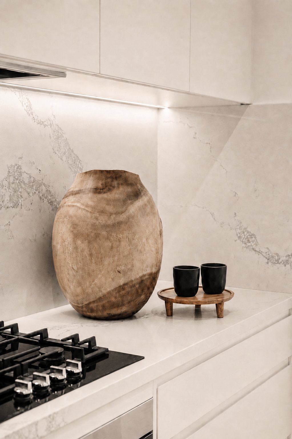 Turned timber vessel and stoneware cups on a marble benchtop beside the gas cooktop at 24 Wattle Park