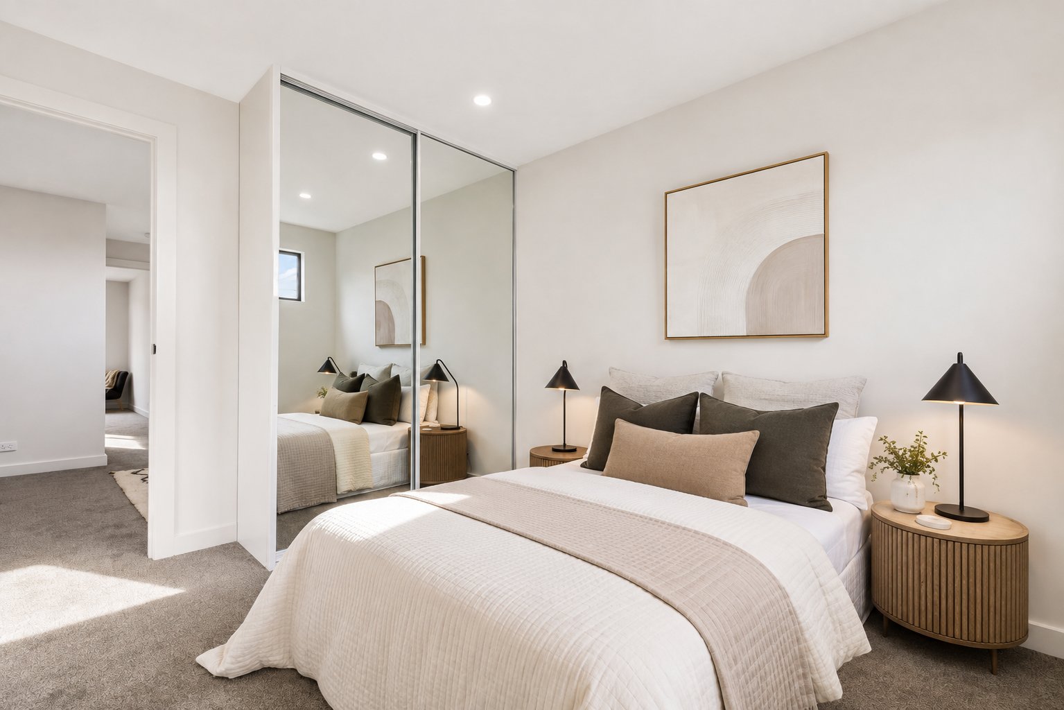 Bedroom with mirrored built-in robe, artwork and timber bedside tables at 1 Magill
