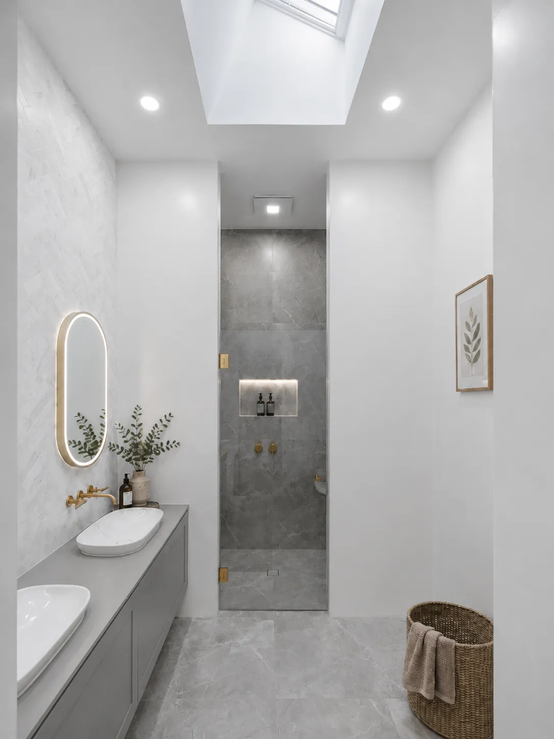 Ensuite with a skylight, walk-in shower in grey stone and a floating vanity at 84 Toorak Gardens