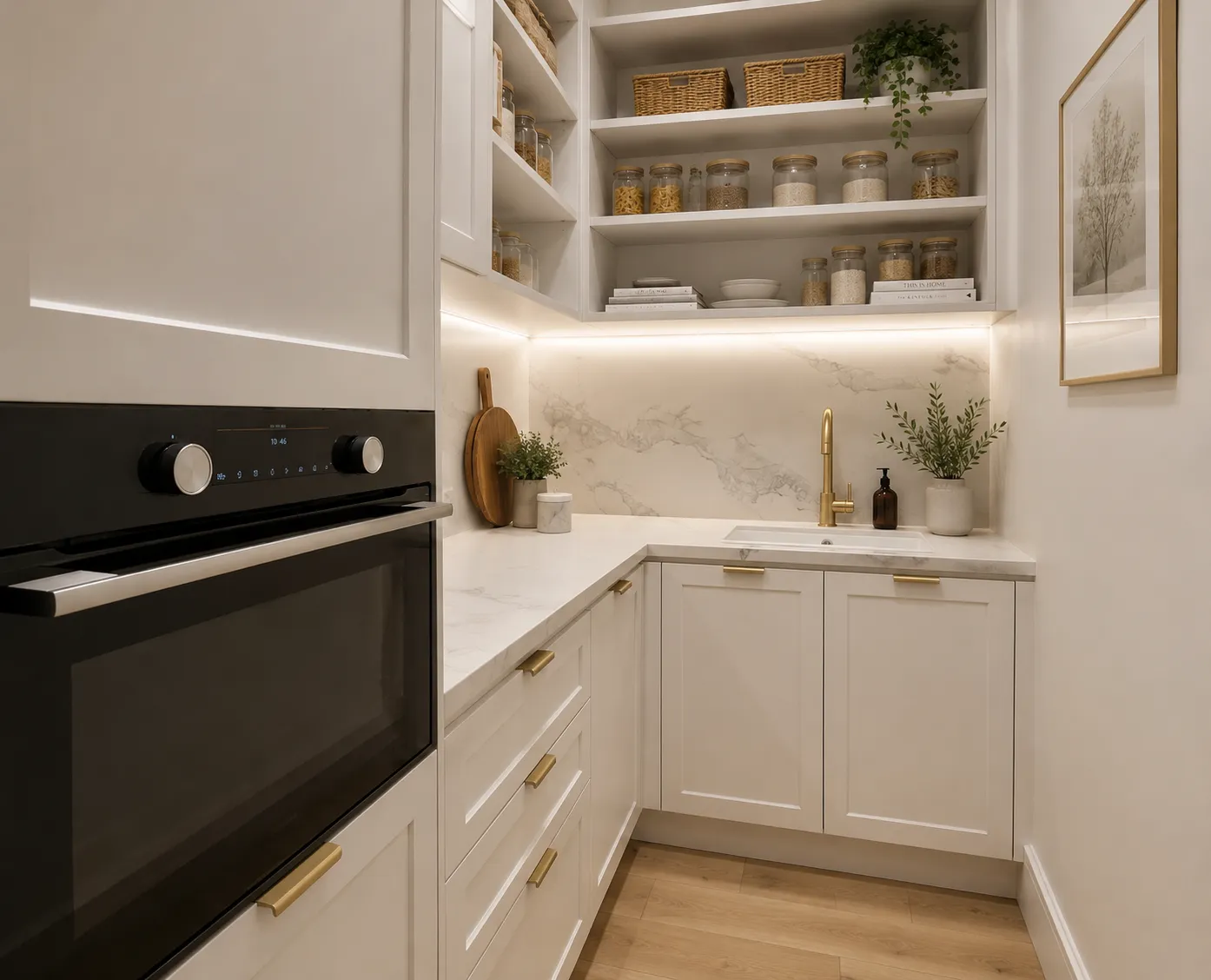 Hidden butler’s pantry with marble splashback, open shelving and integrated oven at 84 Toorak Gardens
