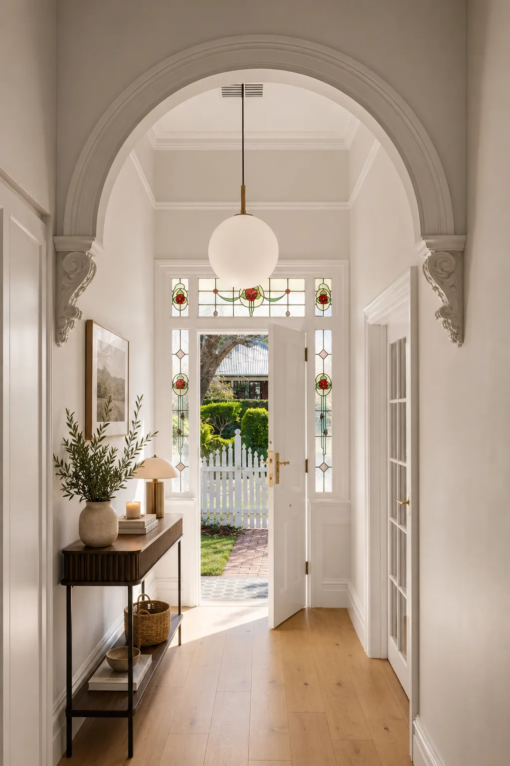Original villa hallway with an ornate plaster arch, leadlight front door and oak flooring at 84 Toorak Gardens
