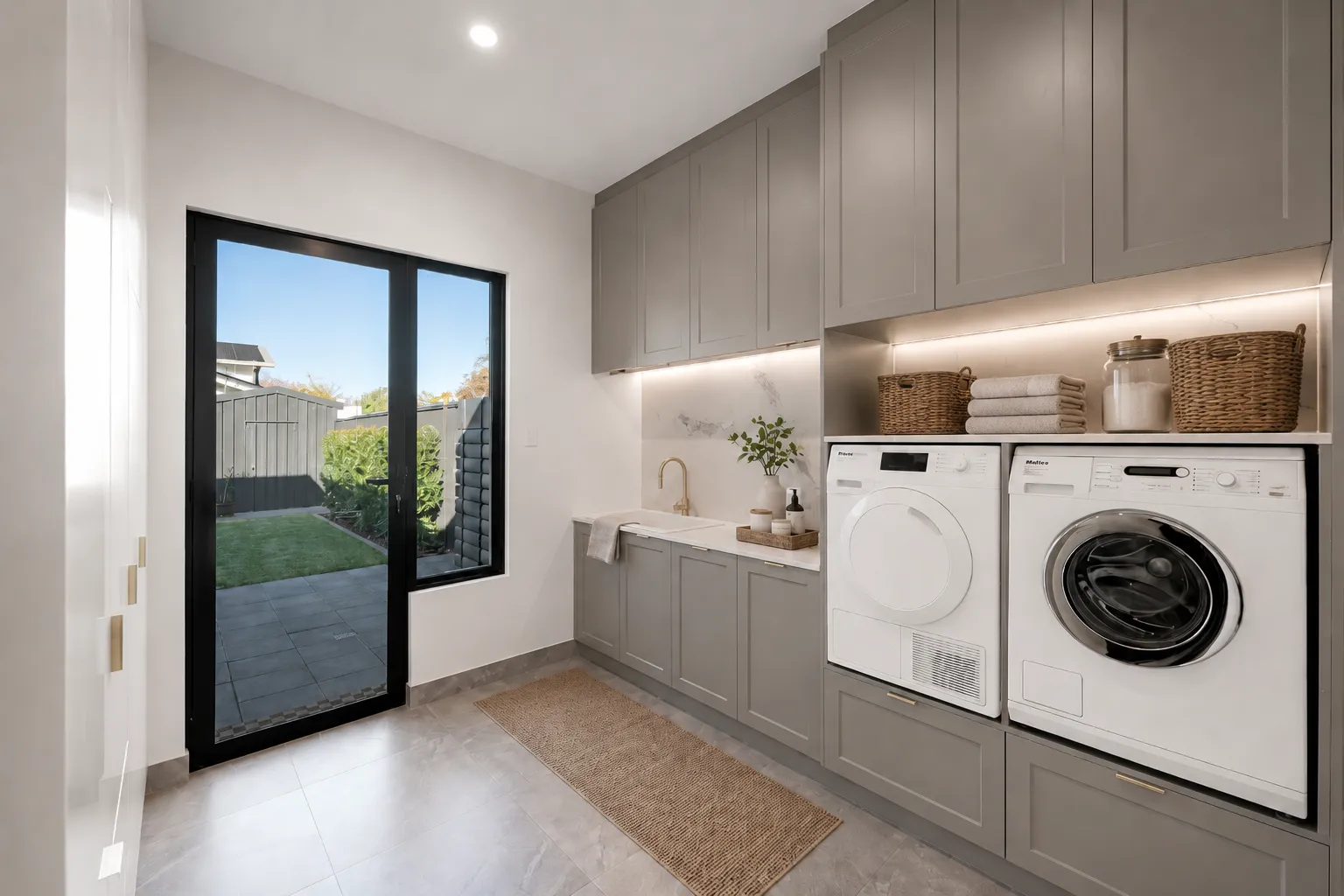 Laundry with grey shaker joinery, stone benchtop and a glazed door to the side garden at 84 Toorak Gardens