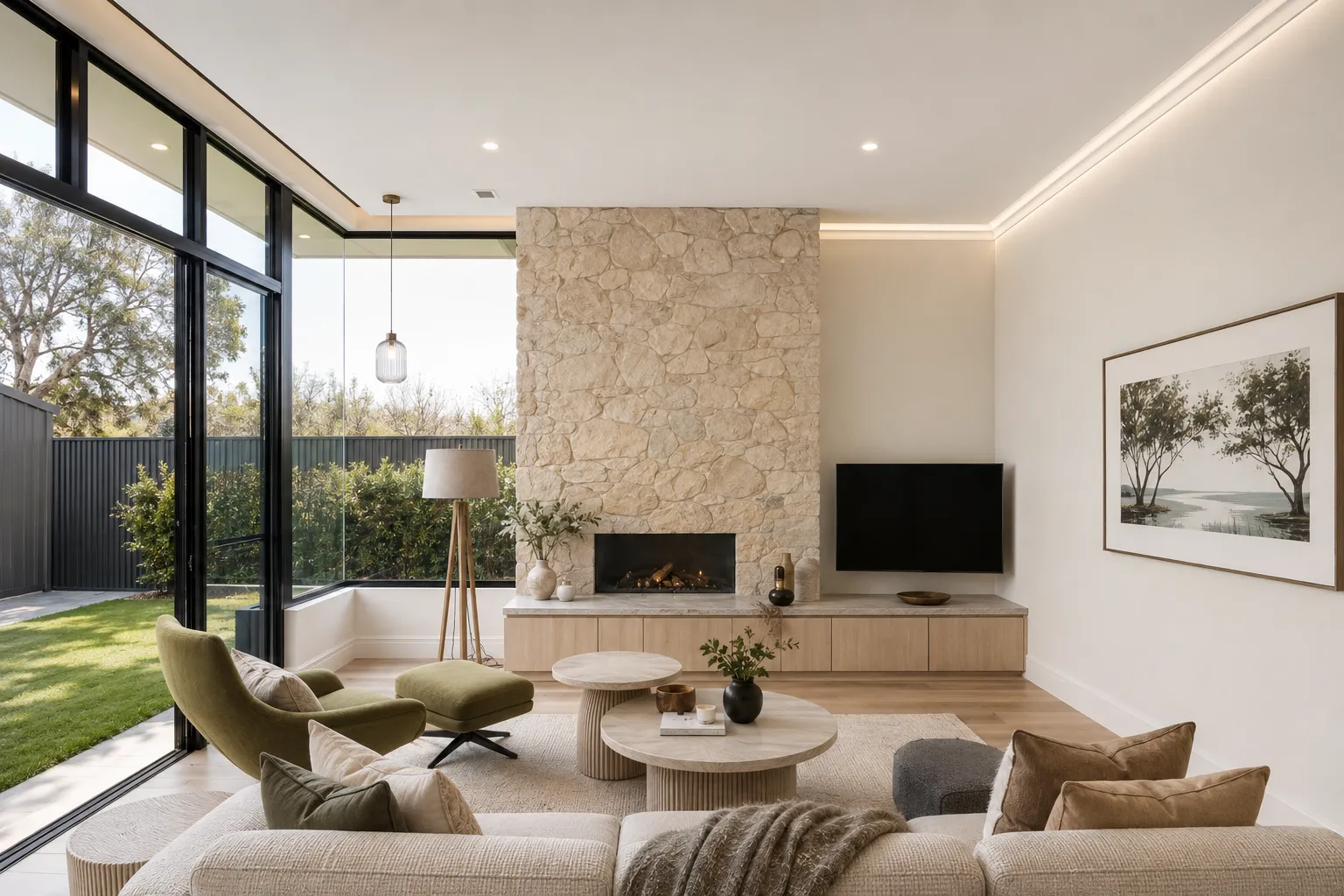 Feature stone fireplace anchoring the new living area beside full-height glazing at 84 Toorak Gardens