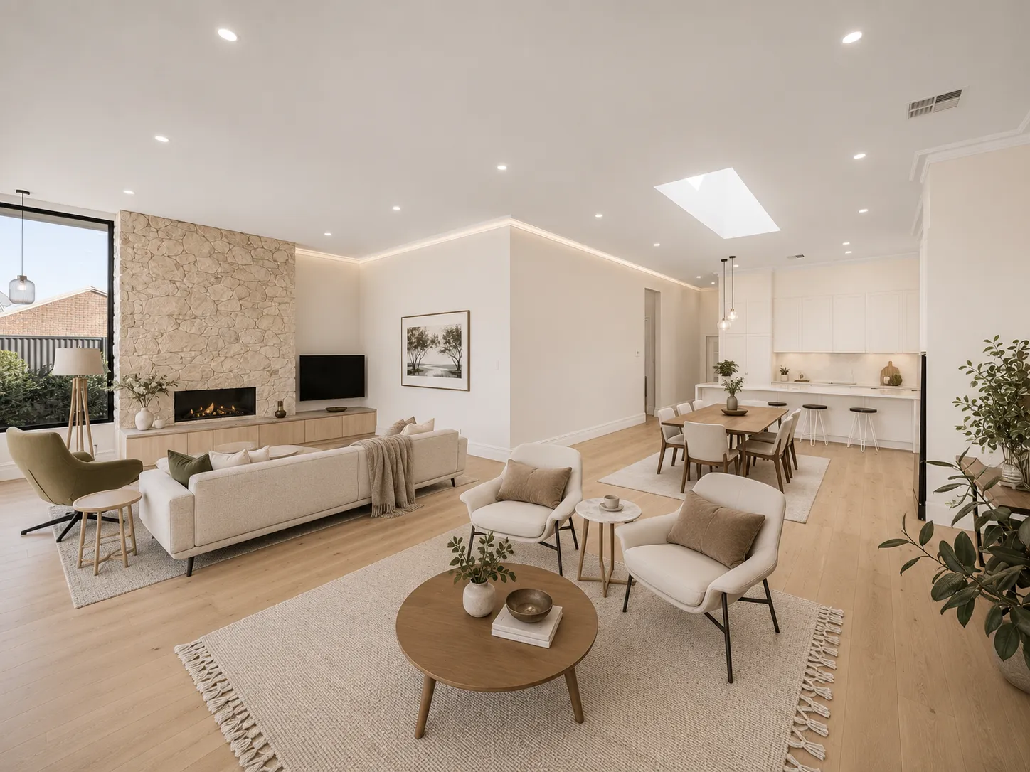 Open-plan living, dining and kitchen flowing as one connected zone at 84 Toorak Gardens