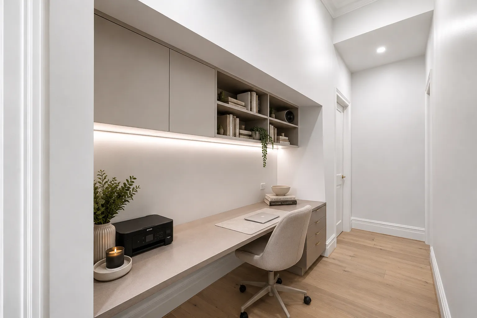 Built-in study nook with overhead joinery and concealed lighting along the hallway at 84 Toorak Gardens