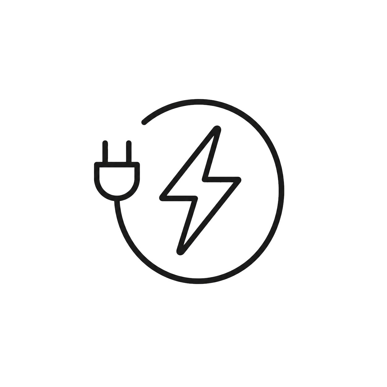 Electric plug with a cord forming a circle around a lightning bolt symbol.