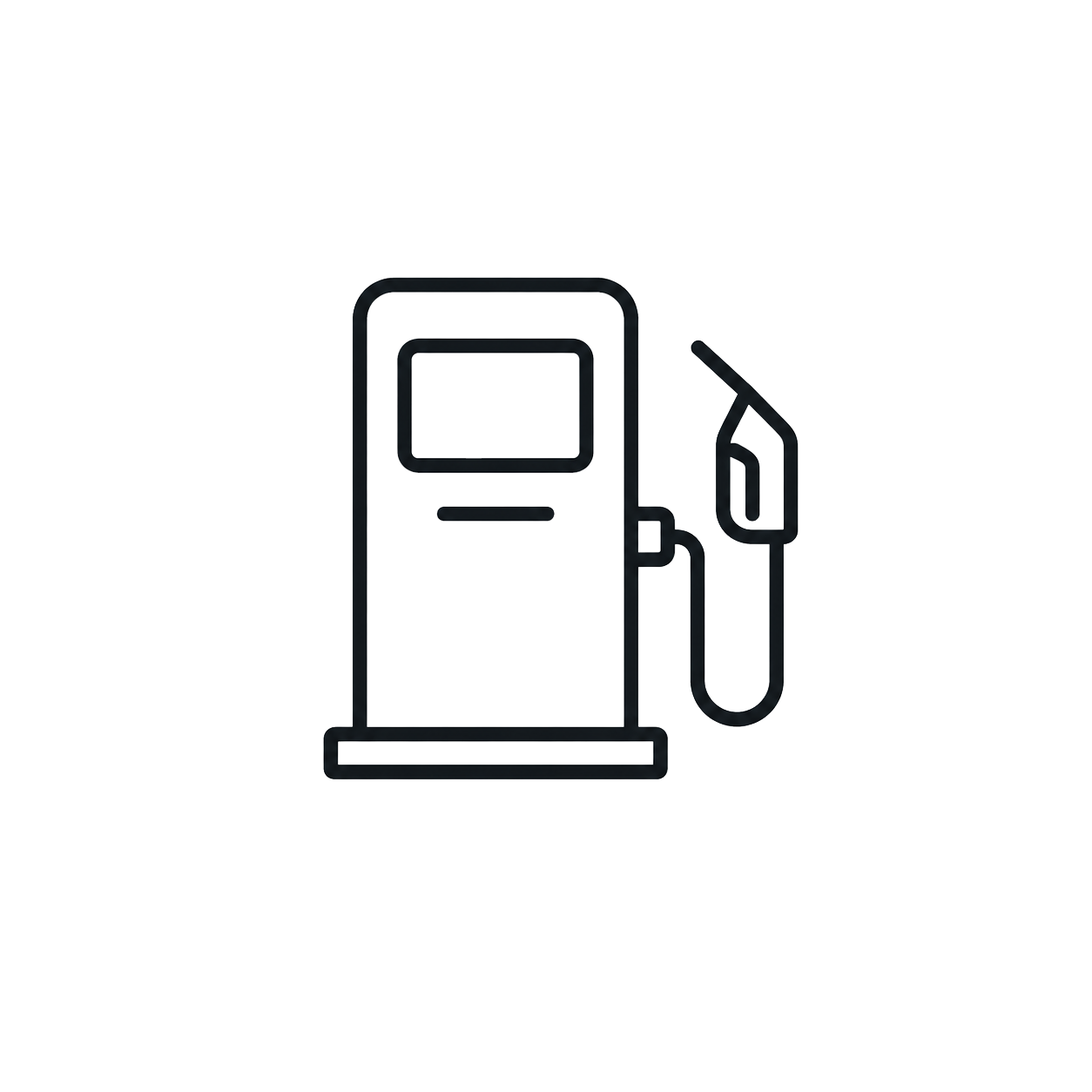 Black line icon of a gas station fuel pump with hose and nozzle on white background.