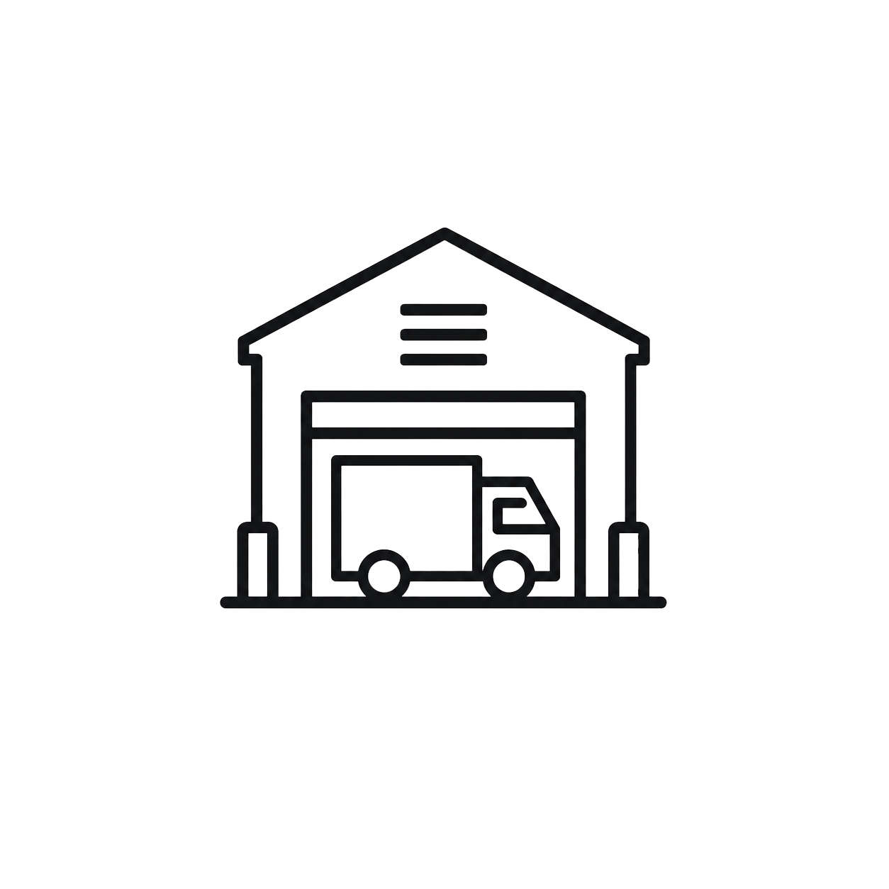 Black line icon of a delivery truck inside a warehouse building with a large door.