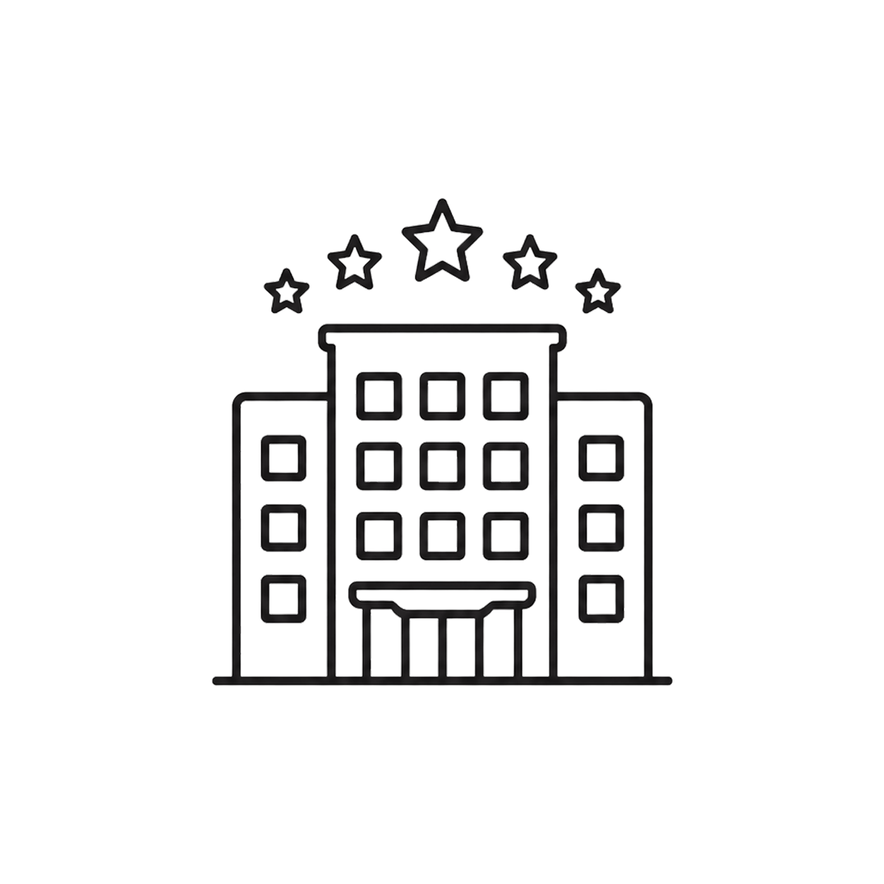 Outline of a hotel building with five stars arched above it representing five-star rating.