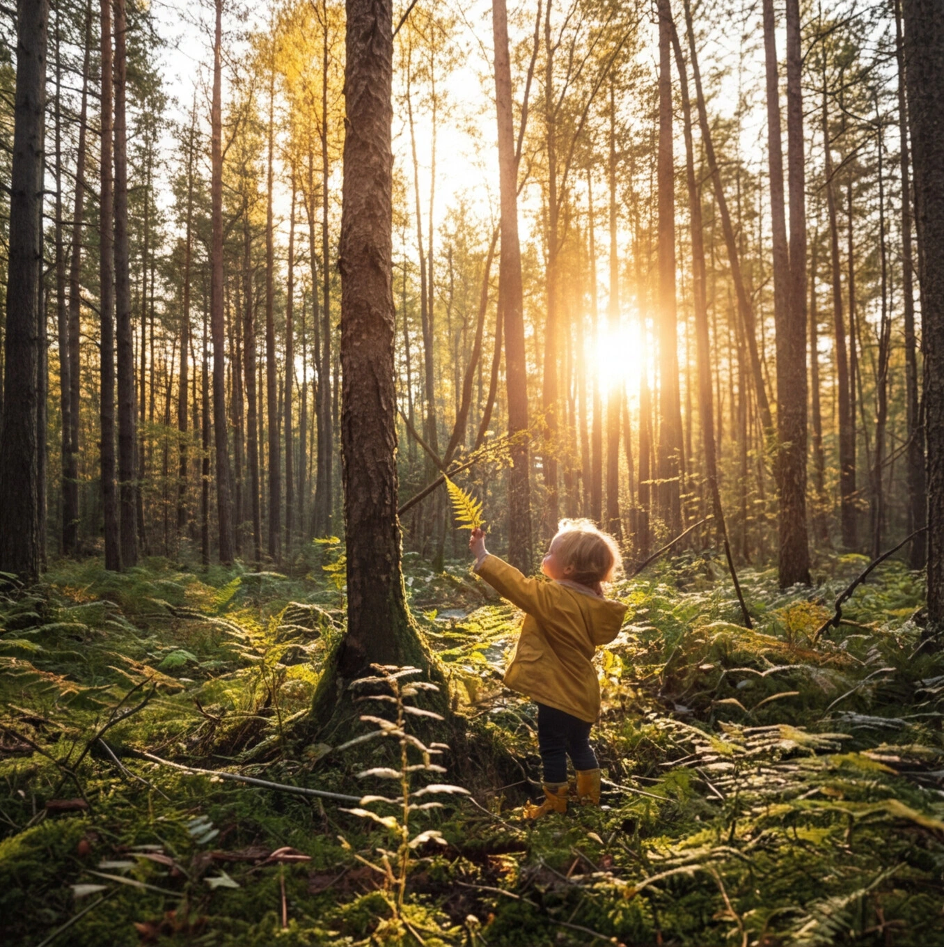 Child in a sunlit forest