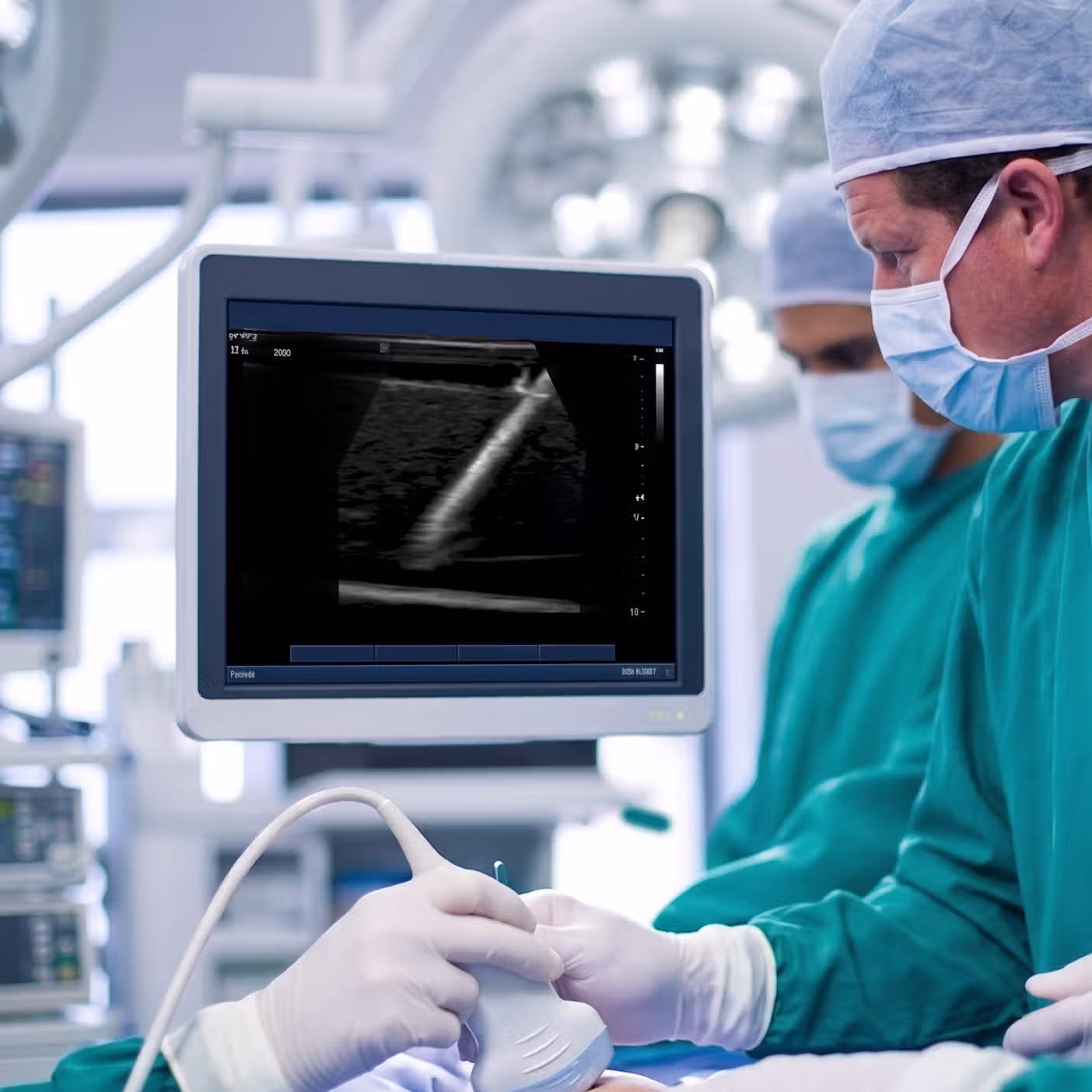 Clinician guiding a needle with ultrasound while the needle is visible on the monitor