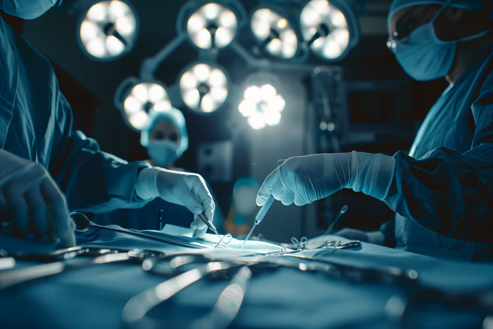 Surgical team at work under the operating room lights