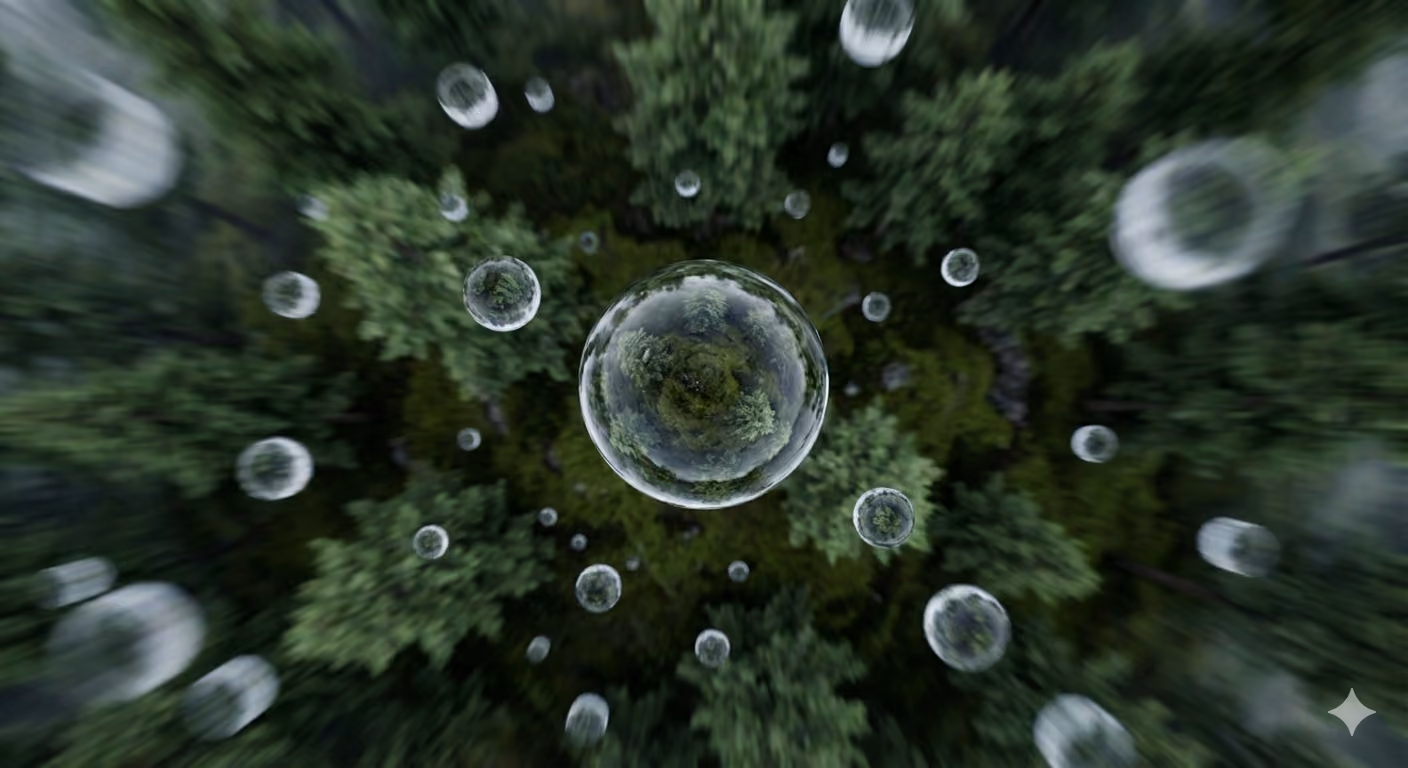 Water droplets above a forest canopy, illustrating the bio-inspired hydration layer