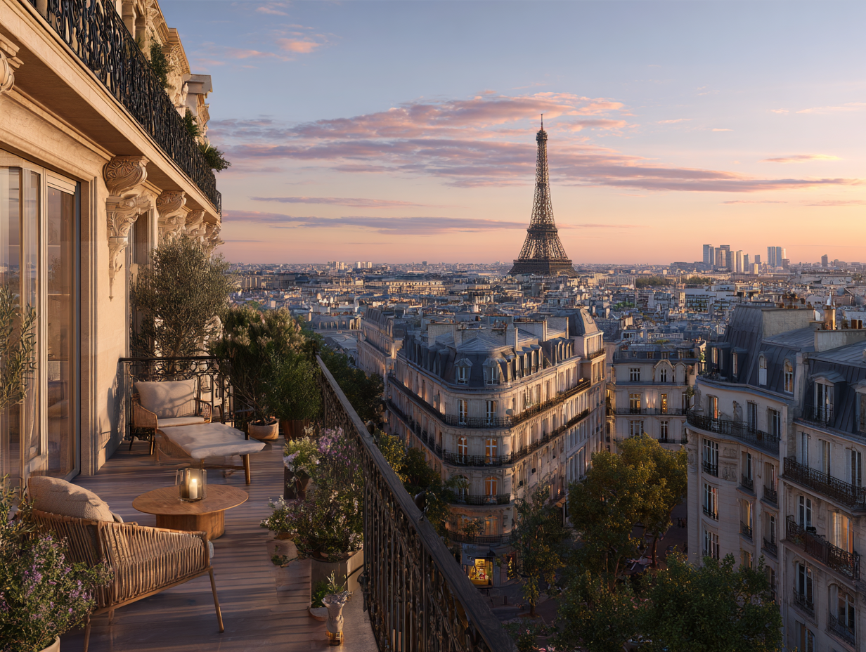 Balcon parisien avec plantes, chaises, vue sur la Tour Eiffel au coucher du soleil.