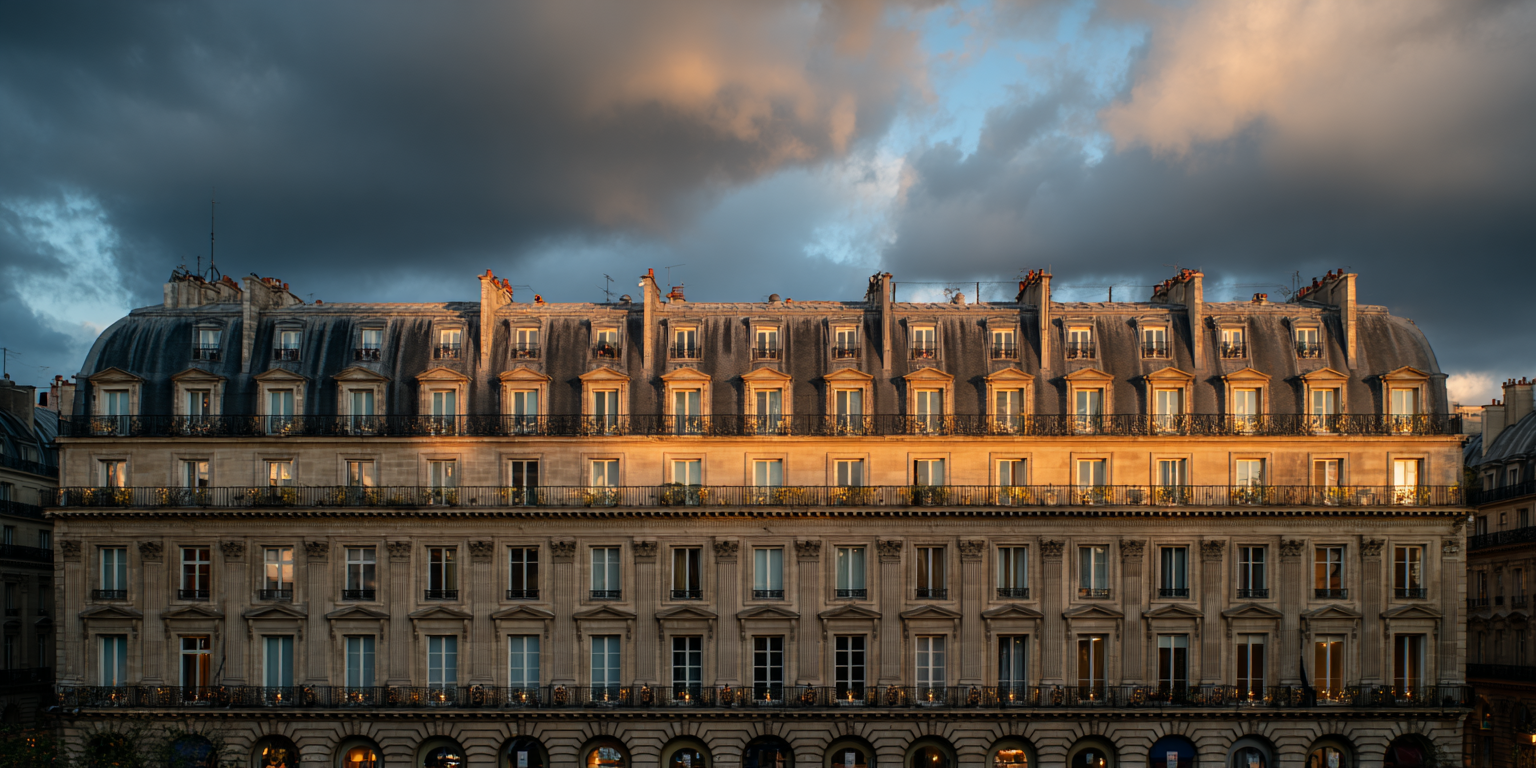 Immeuble parisien élégant au coucher du soleil avec fenêtres éclairées et ciel nuageux dramatique.