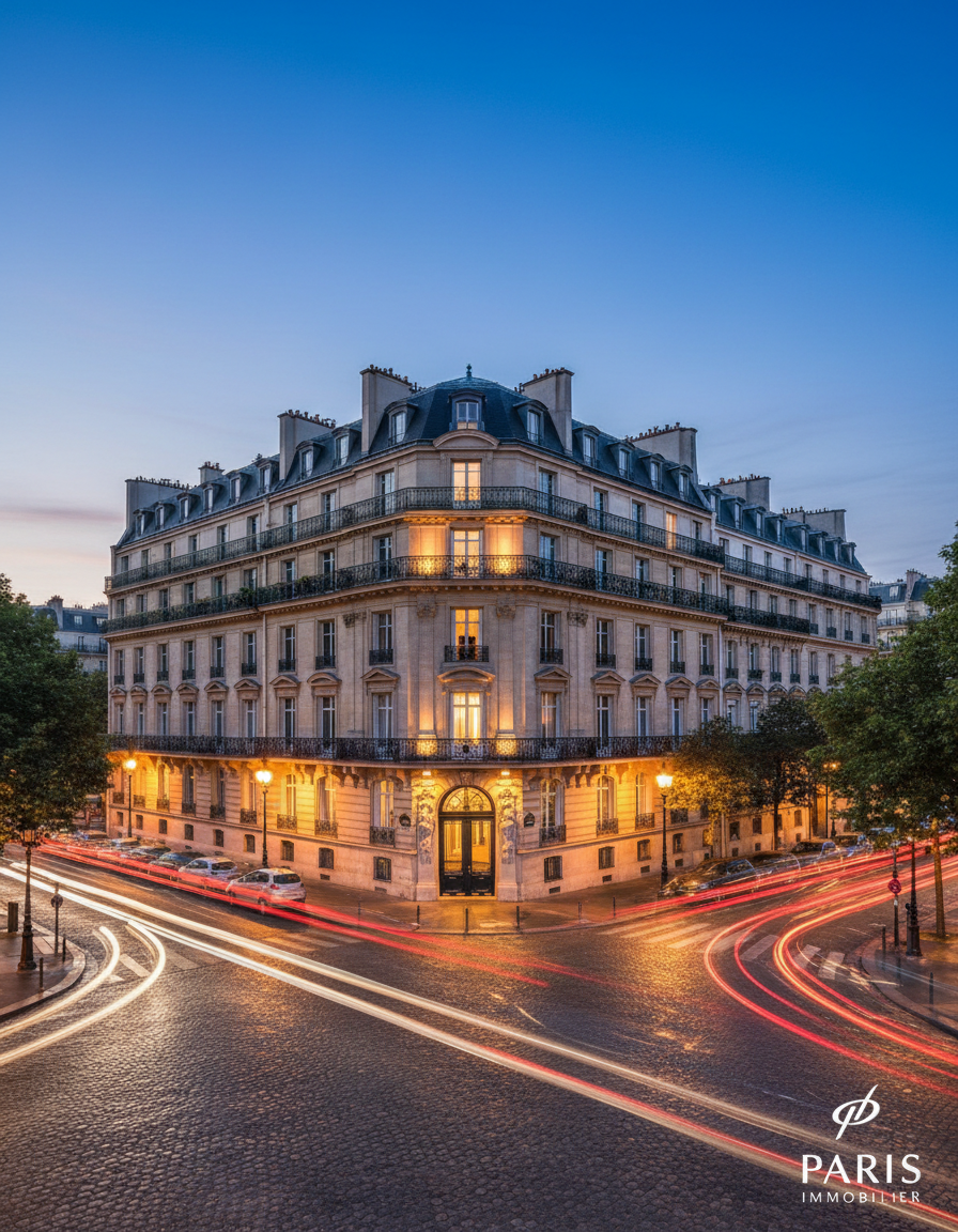 Immeuble haussmannien éclairé au coin d’une rue avec traces lumineuses de voitures la nuit à Paris.