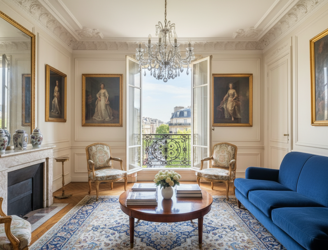 Salon élégant avec un canapé bleu, chaises classiques, table en bois et fenêtre ouverte sur une ville.